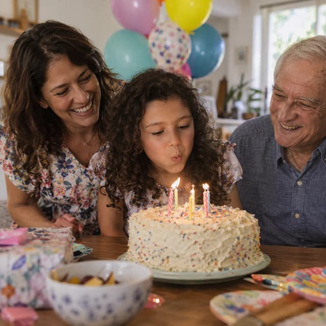 A child blowing out birthday candles with her mother and grandfather