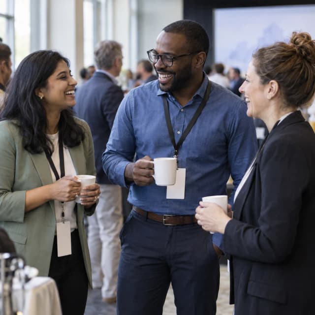 Colleagues sharing a laugh over coffee during a conference networking break
