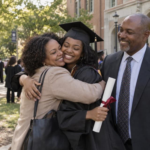 A graduate in a cap and gown hugging her mother beside her proud father