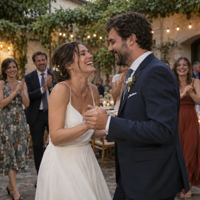 A bride and groom laughing as they dance at an outdoor wedding reception