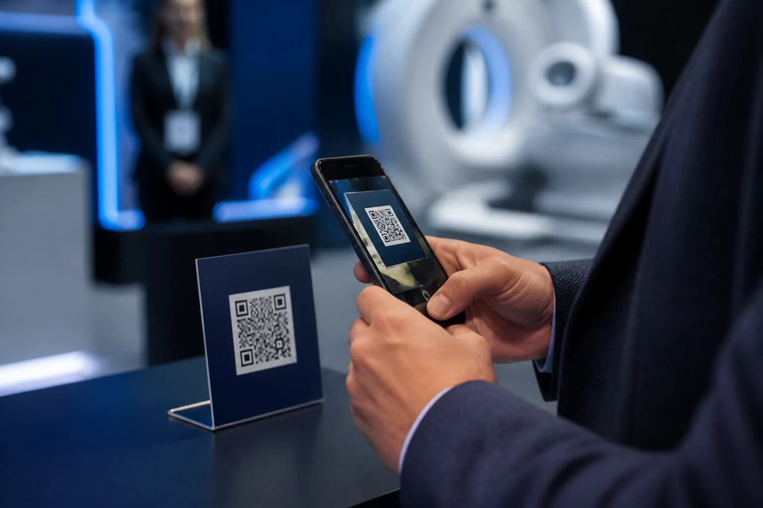 A trade show visitor scanning a QR code on a phone at a medical imaging exhibition stand