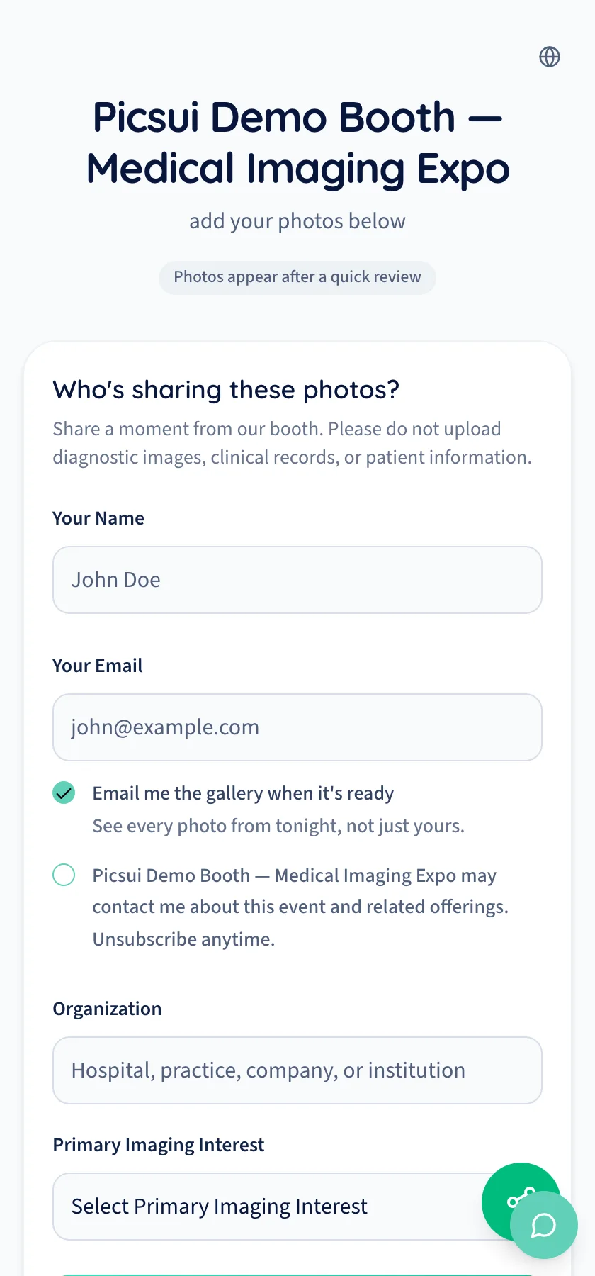 The Picsui booth capture screen on a phone, showing the organization and imaging-interest fields