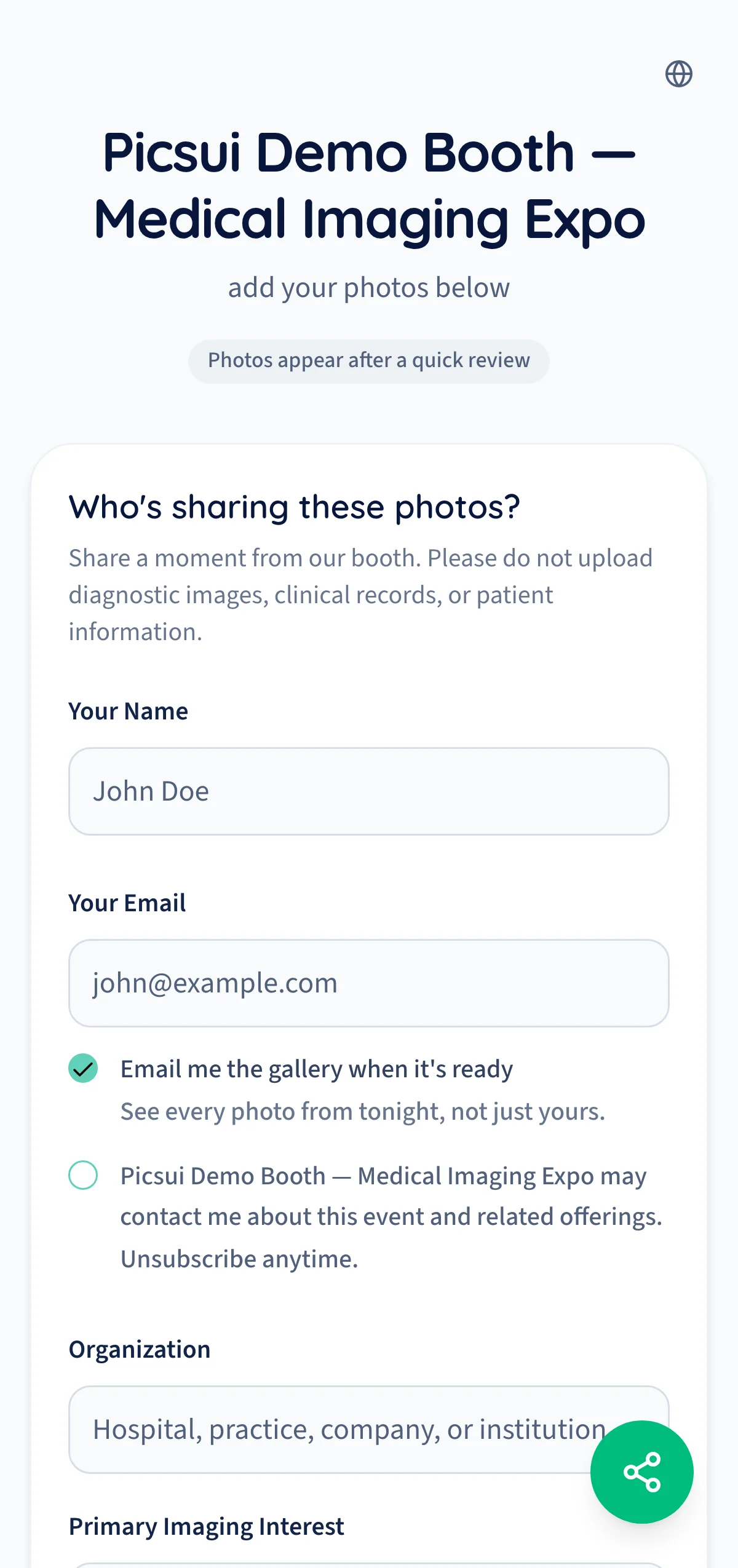 The screen a visitor lands on after scanning the code at your stand