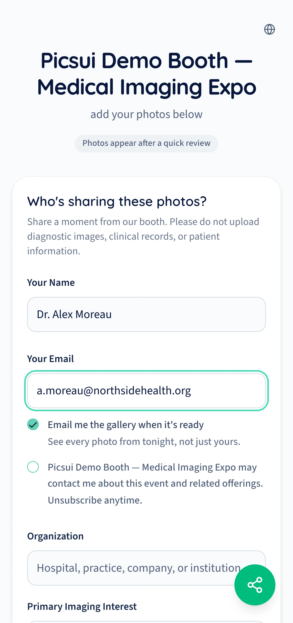 A visitor entering their organization and imaging interest