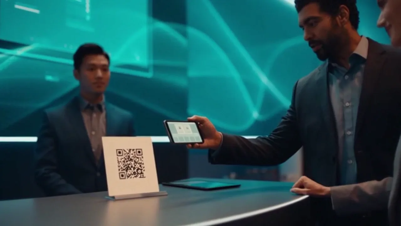 Exhibition booth with a cyan light wall and visitors at digital screens