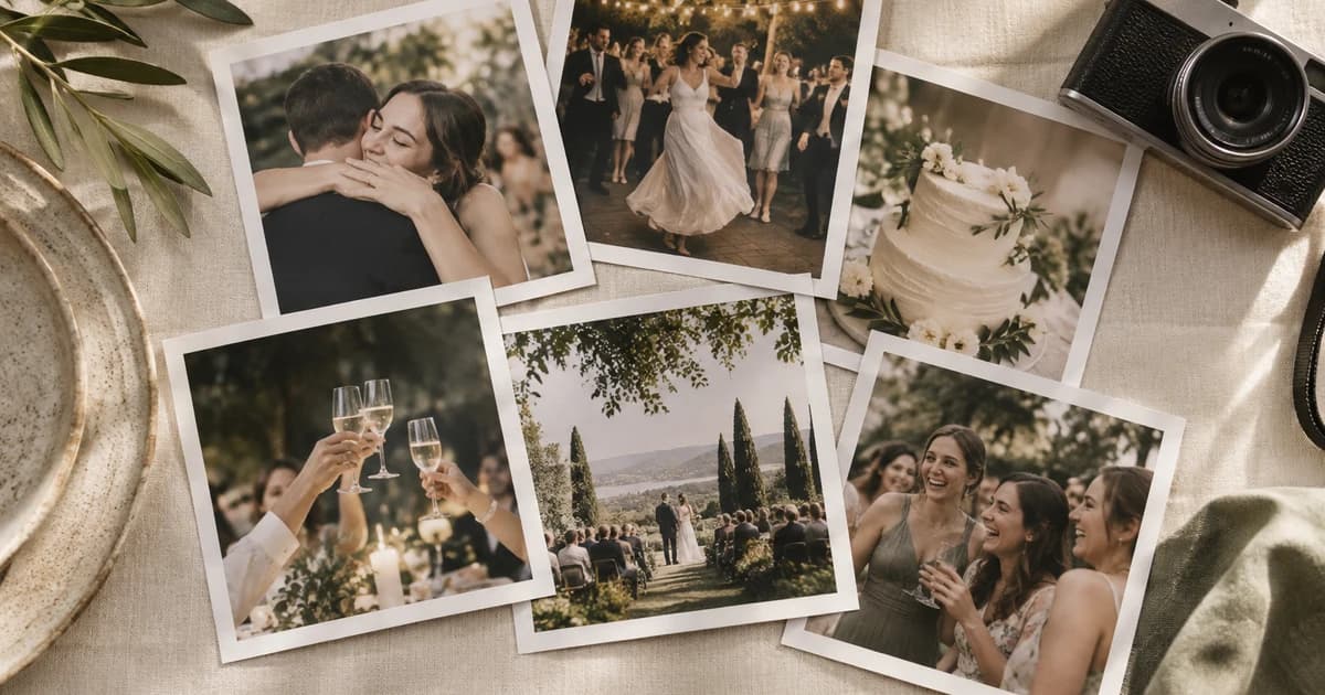 A collection of candid wedding photo prints on linen