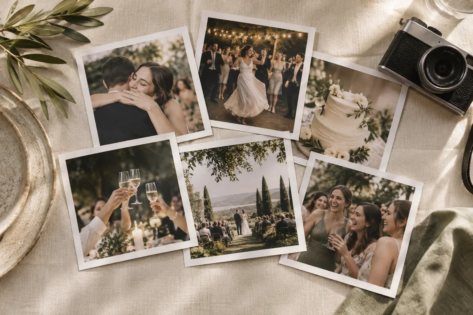 A collection of printed wedding photographs arranged together