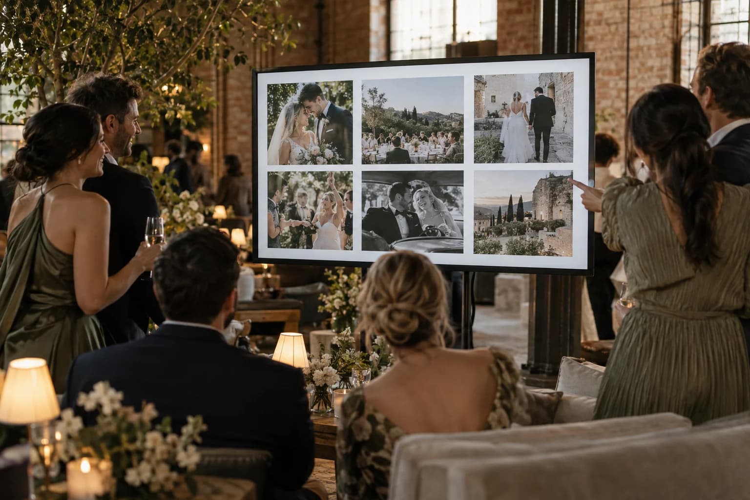 Guests enjoying photographs together on an event screen