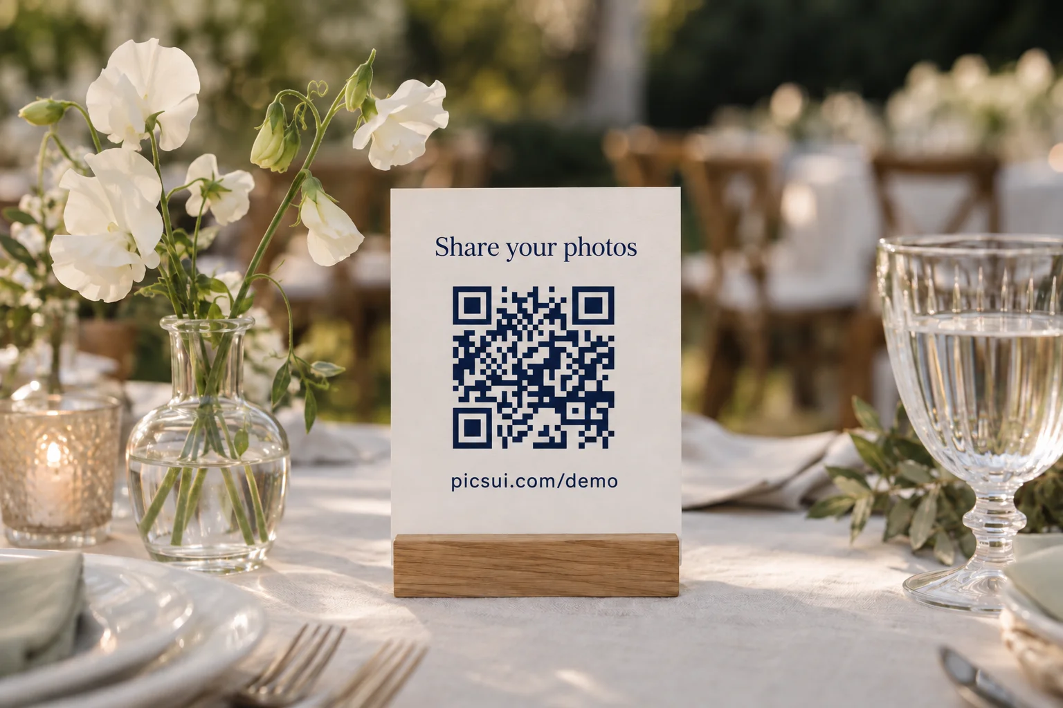 A photo-sharing card placed where wedding guests can find it