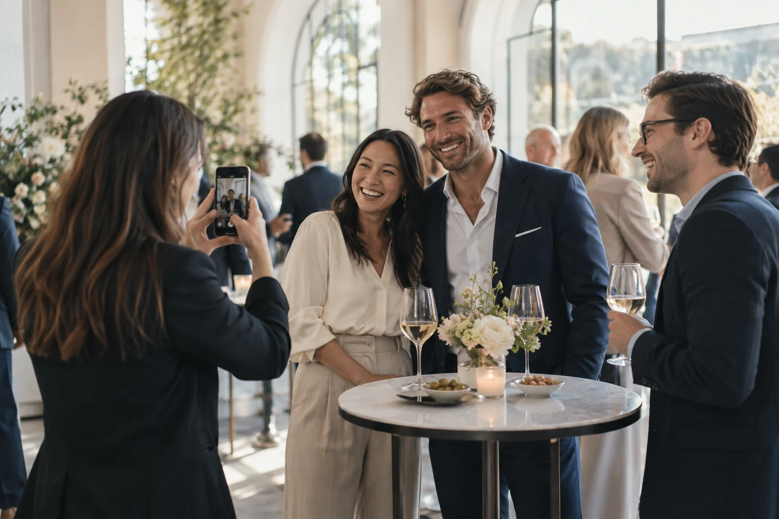 Colleagues sharing a relaxed moment at an event
