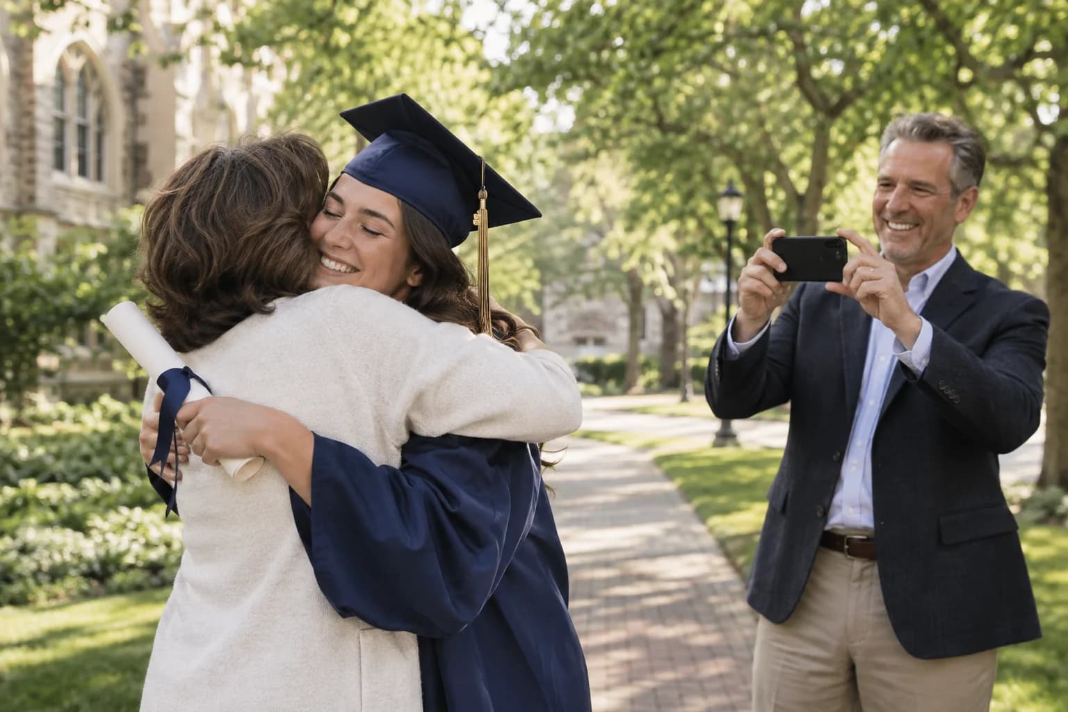 A graduate celebrating with family