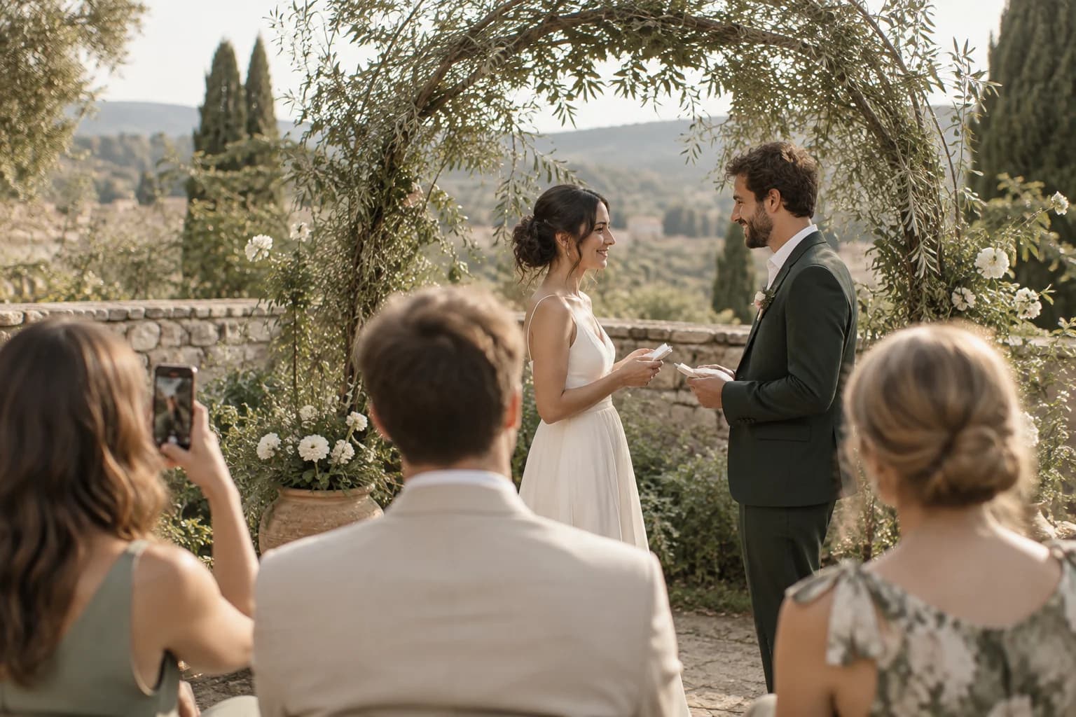 A couple exchanging vows while guests photograph their garden wedding