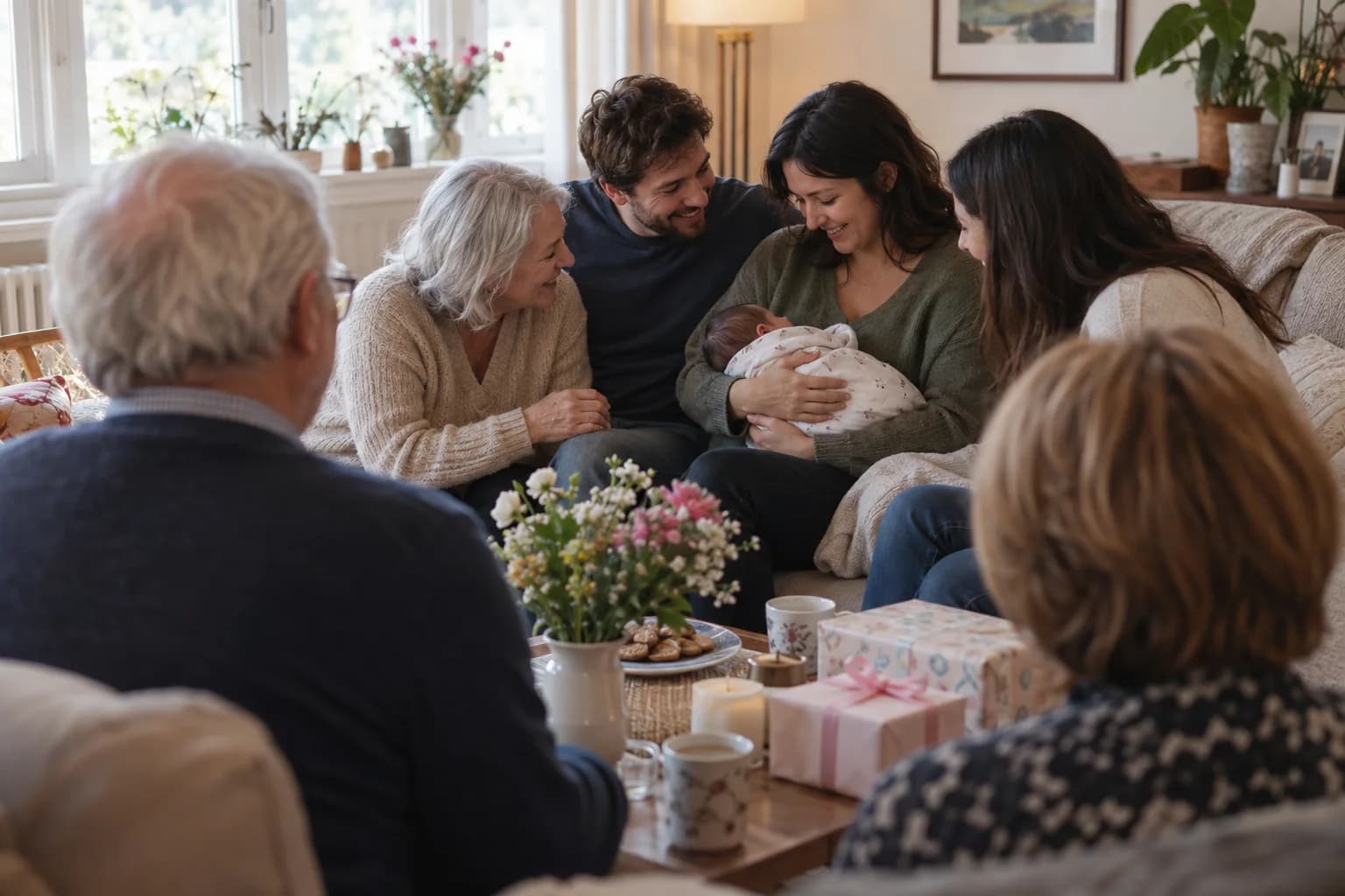 Family members gathered around a safely cradled newborn