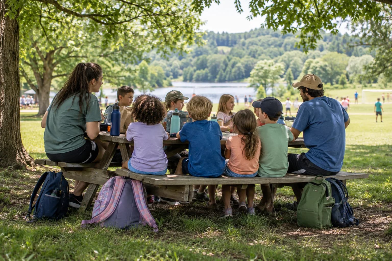 Children and adults enjoying an outdoor camp picnic