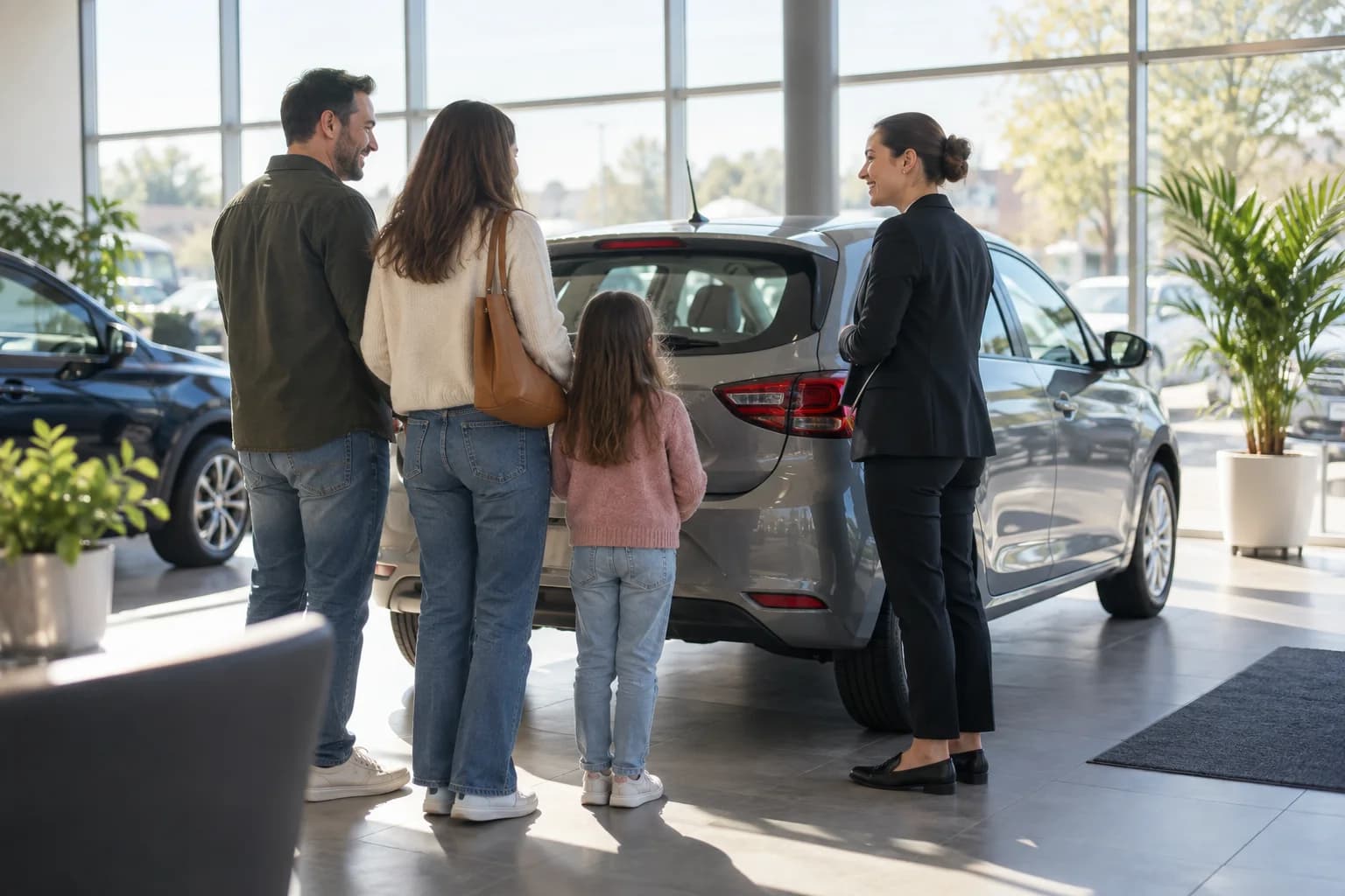 Customers and staff sharing a welcoming moment in a car showroom