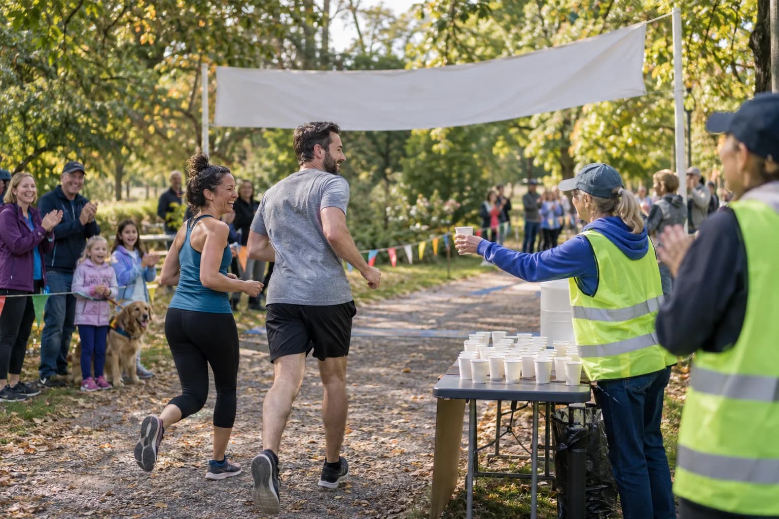 Runners and supporters celebrating at a community charity run