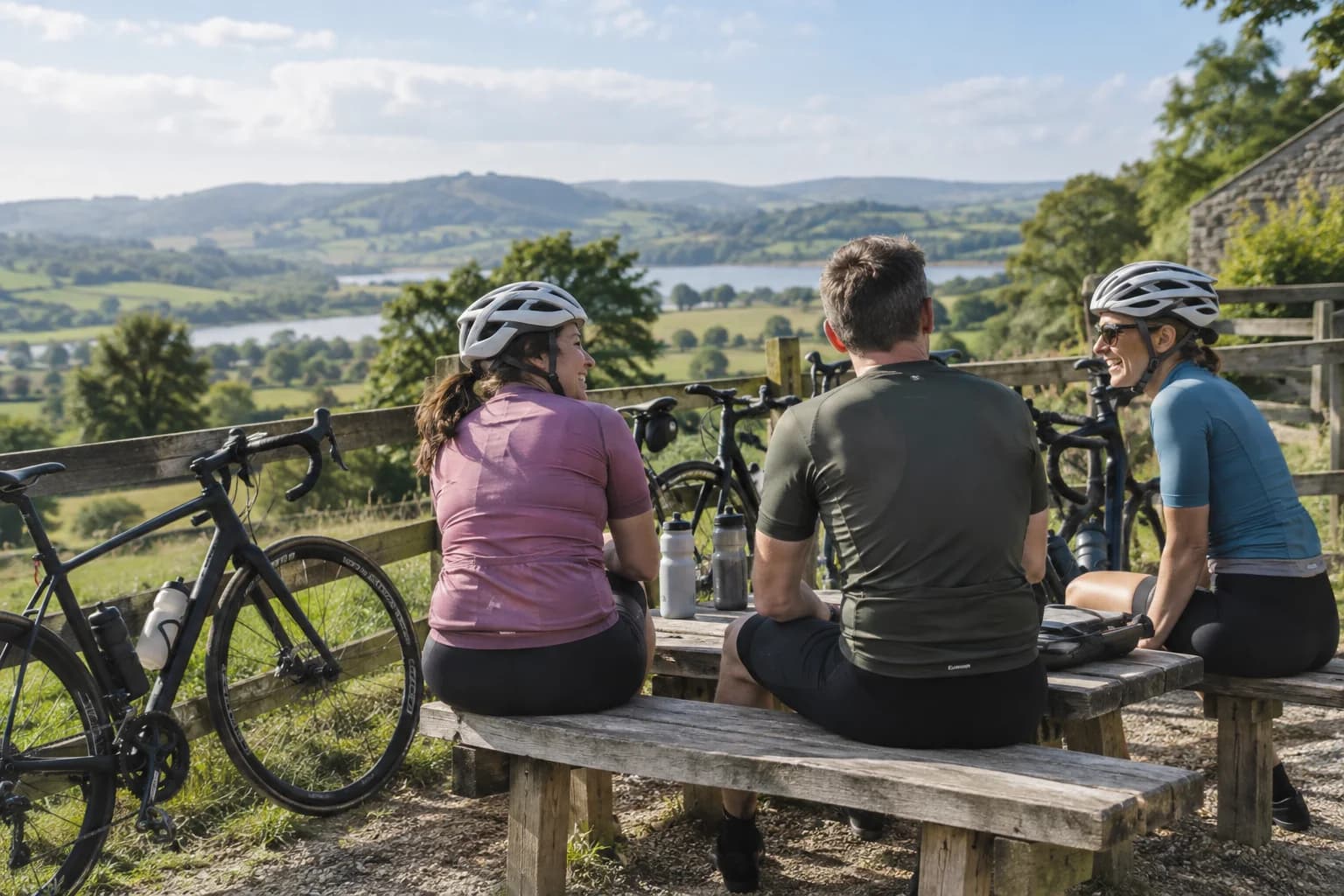 Cyclists taking a friendly break during a group ride