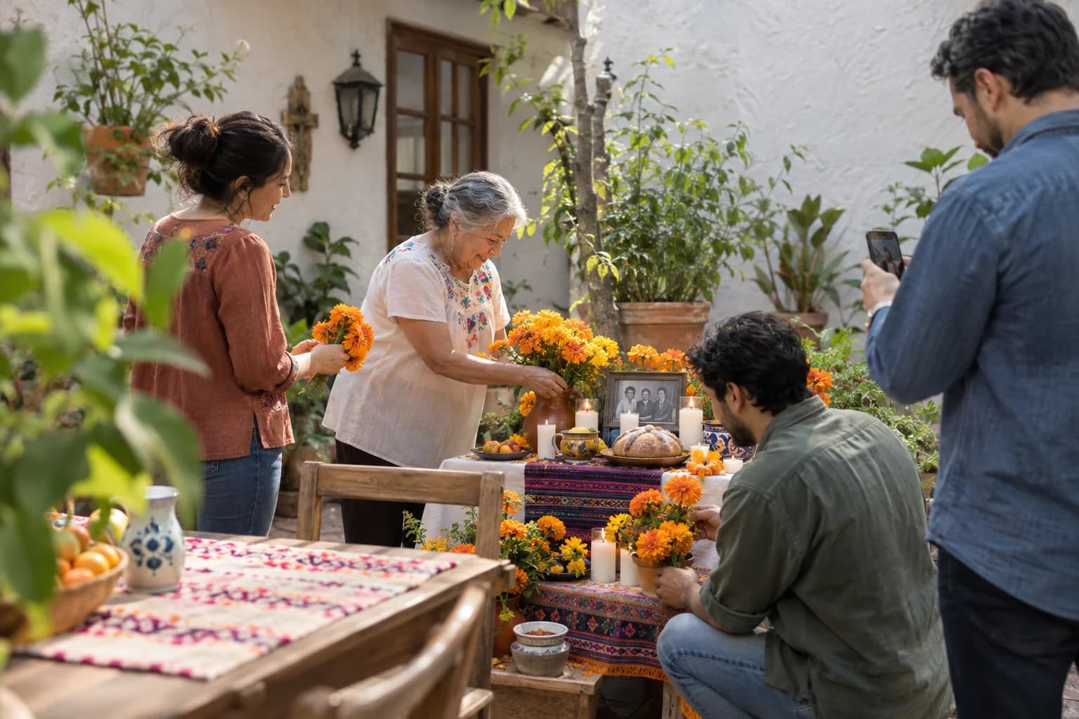 A family sharing memories during Día de los Muertos