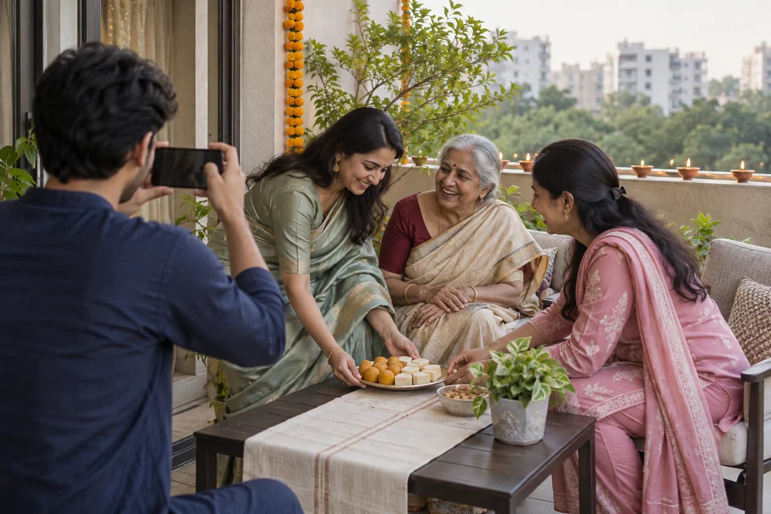Family members sharing a warm Diwali celebration