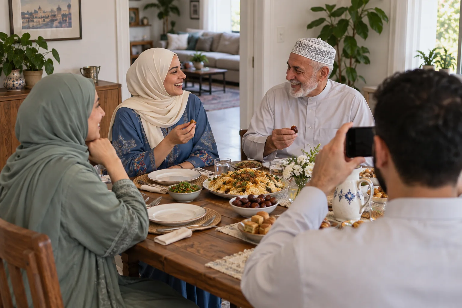 Family members sharing dates and a festive meal together