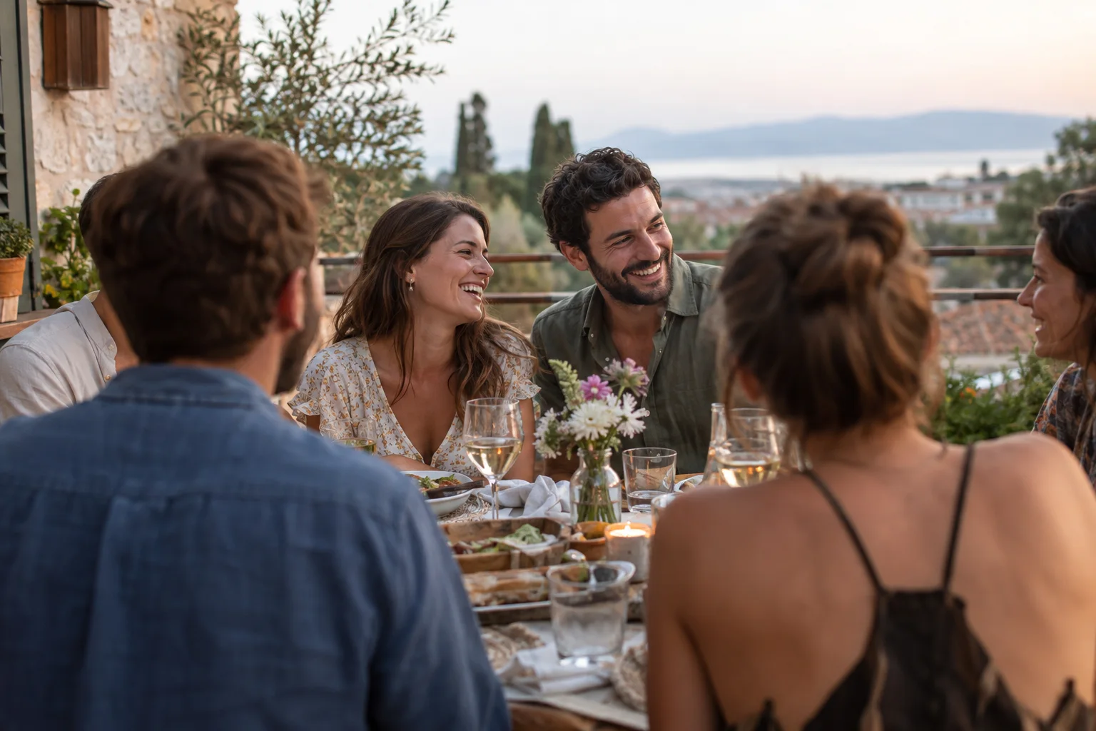 Friends sharing laughter around a dinner table