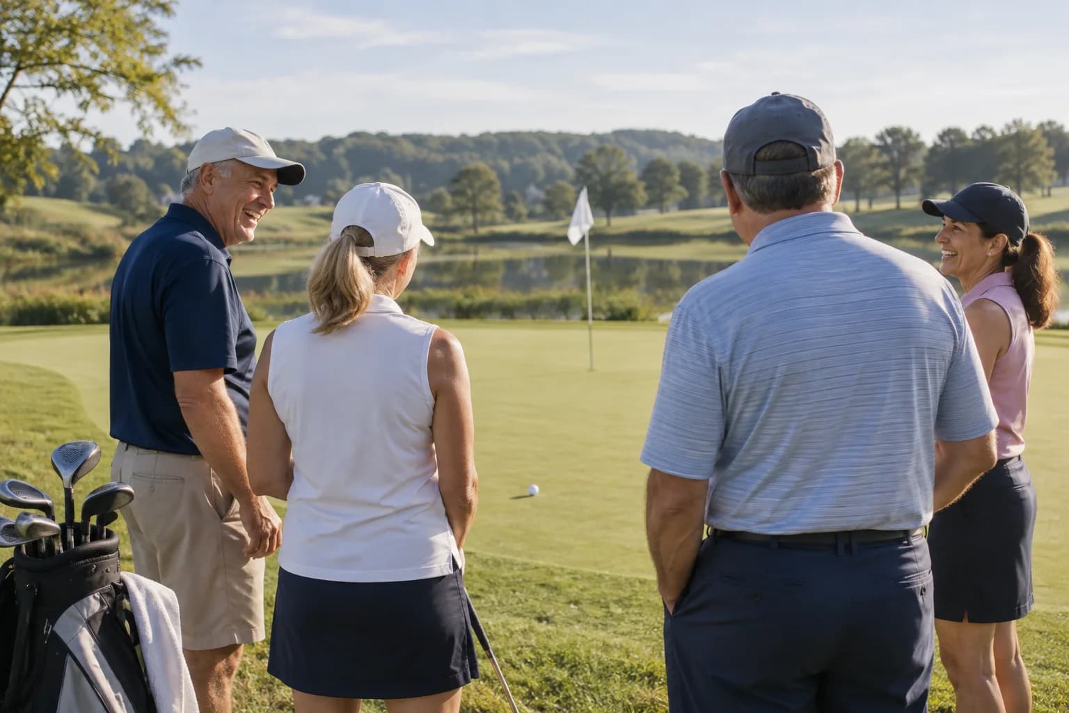 Friends sharing a relaxed moment during a golf outing