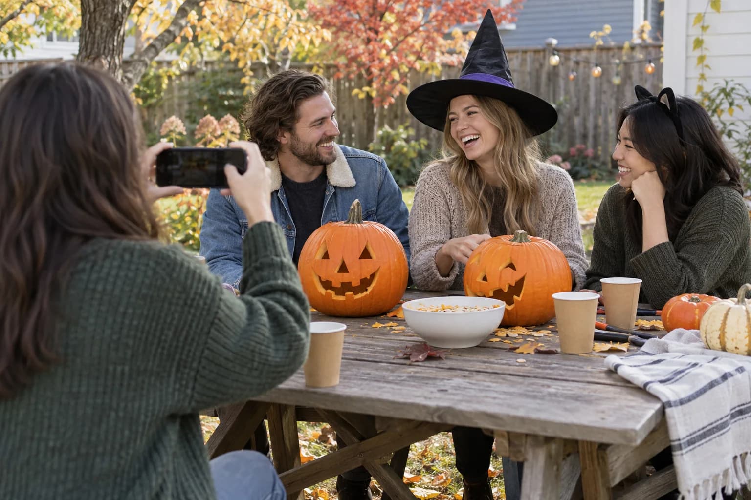 Friends in costumes enjoying a Halloween gathering