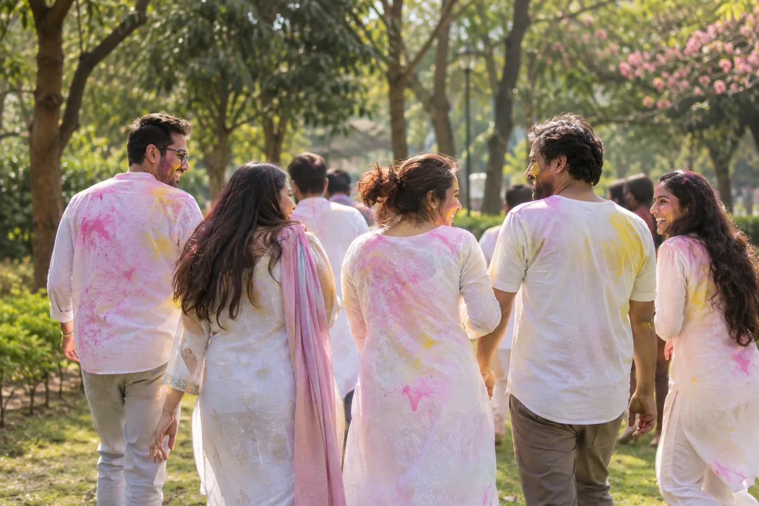 Friends celebrating Holi with colored powder