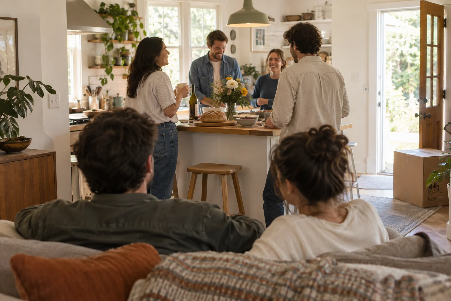 Friends enjoying a welcoming gathering in a new home