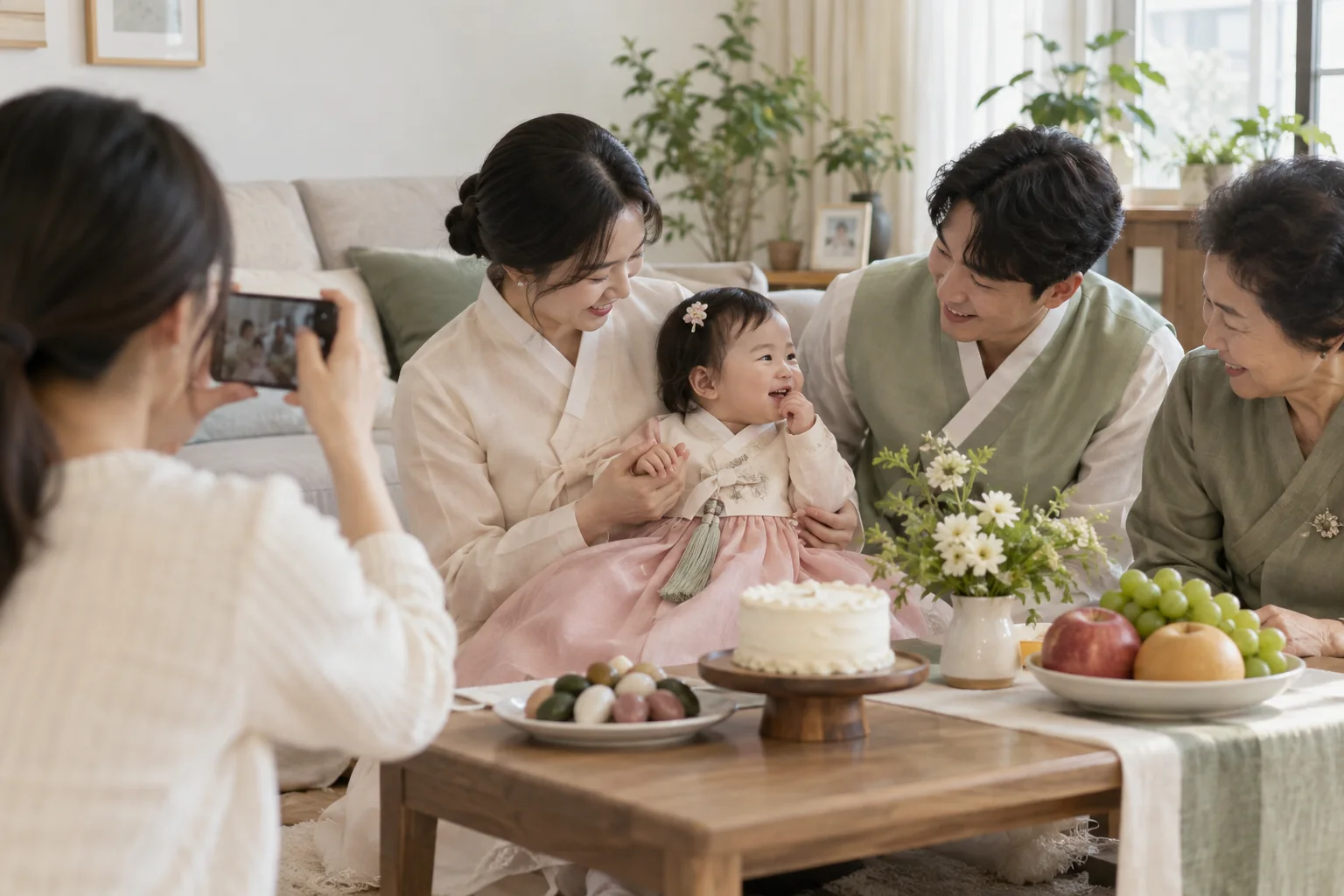 A family celebrating a child's Korean first birthday