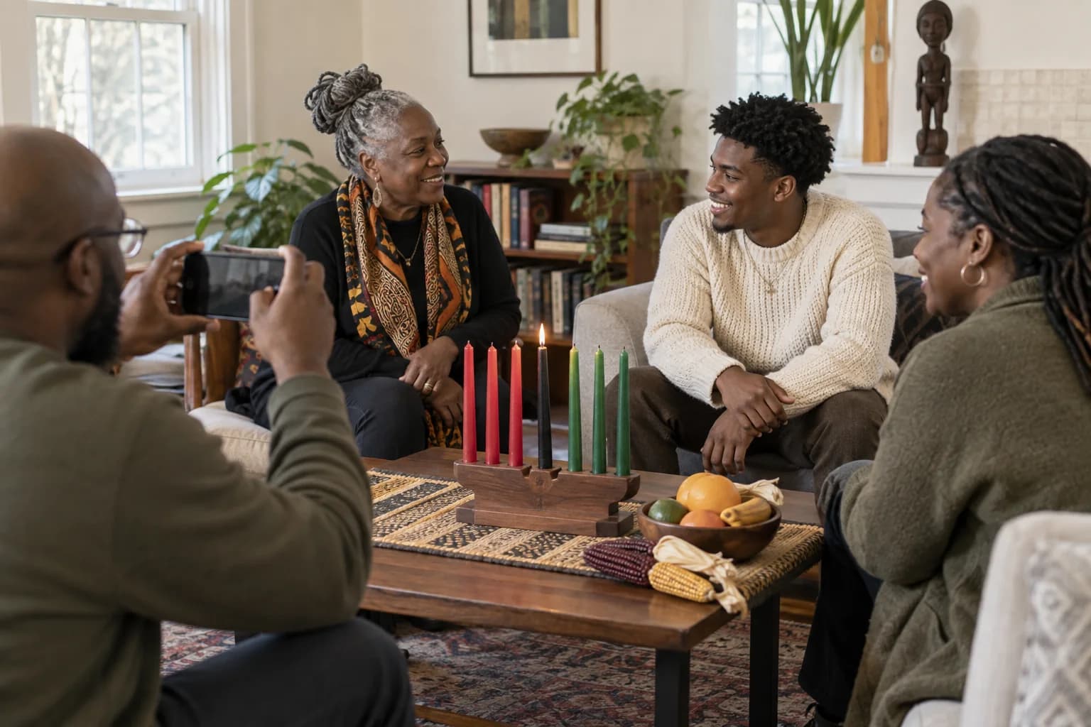 Family members gathered for a Kwanzaa celebration