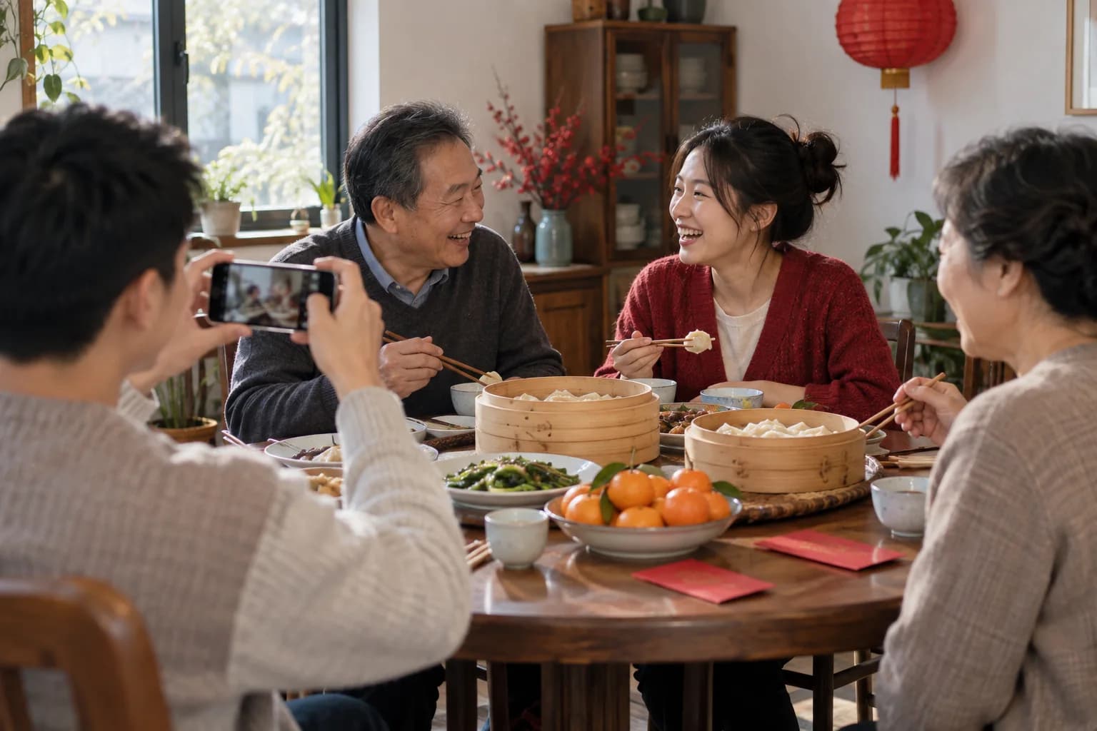 A family enjoying a Lunar New Year reunion meal