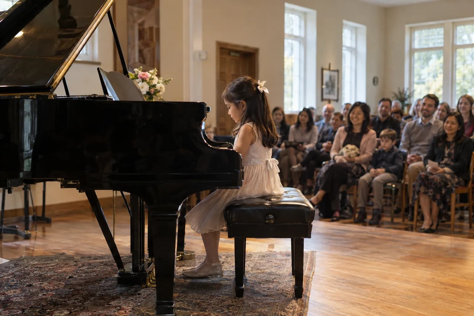 A young pianist performing for a seated audience at a recital