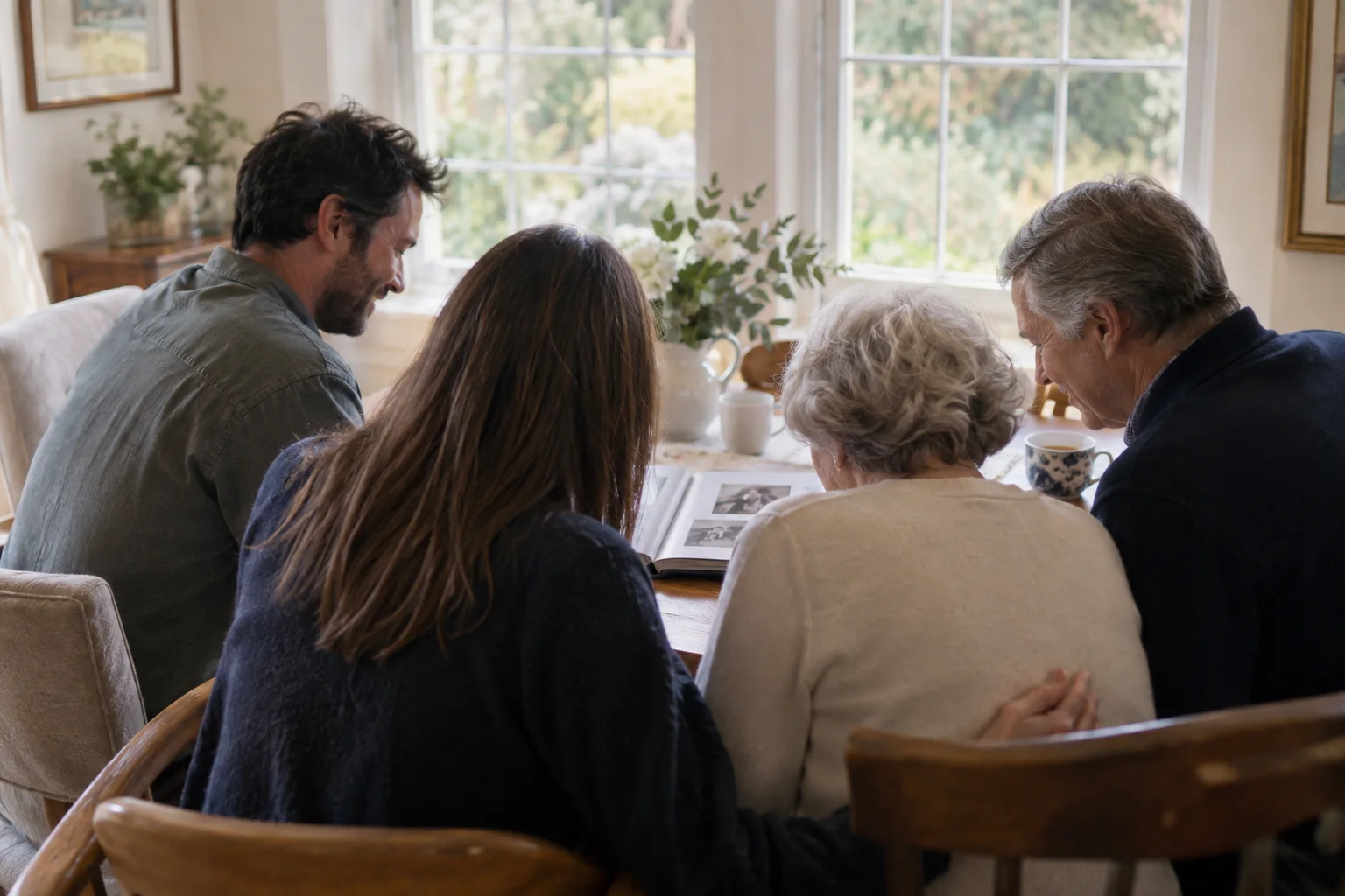 Family members quietly sharing photographs and memories around a table