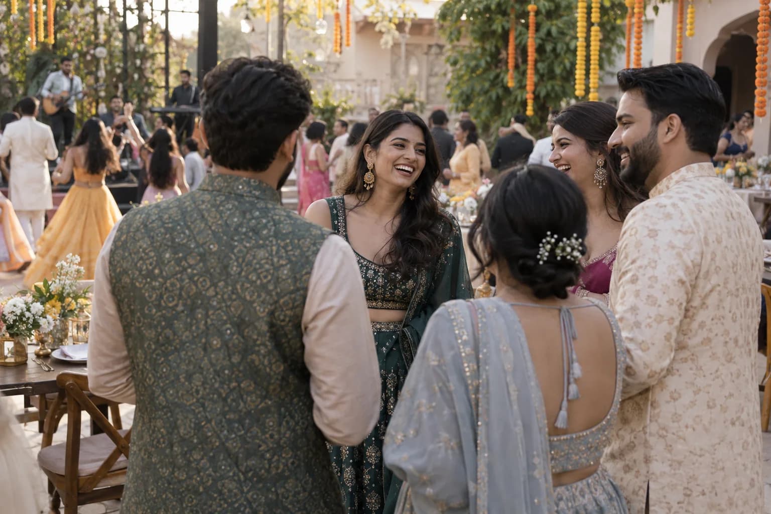 Family and friends celebrating a South Asian wedding