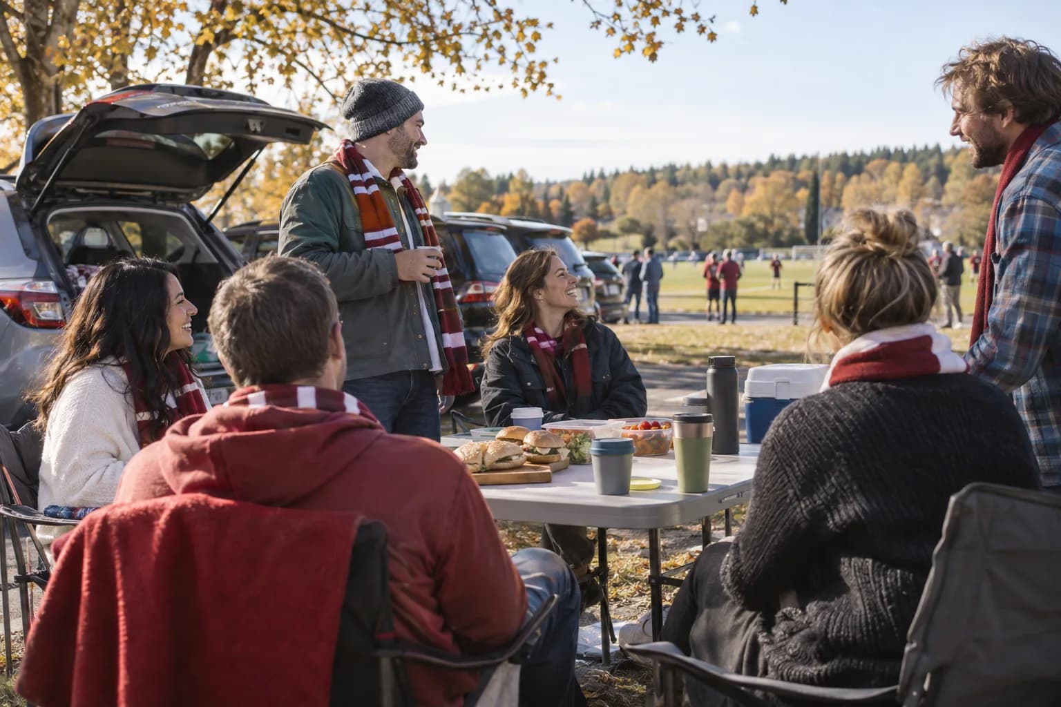 Friends sharing a game-day picnic beside parked cars