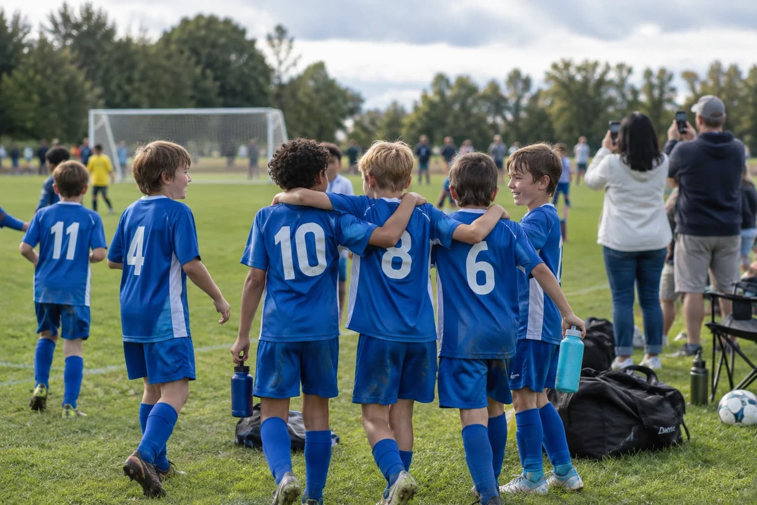 Young teammates celebrating together beside a playing field