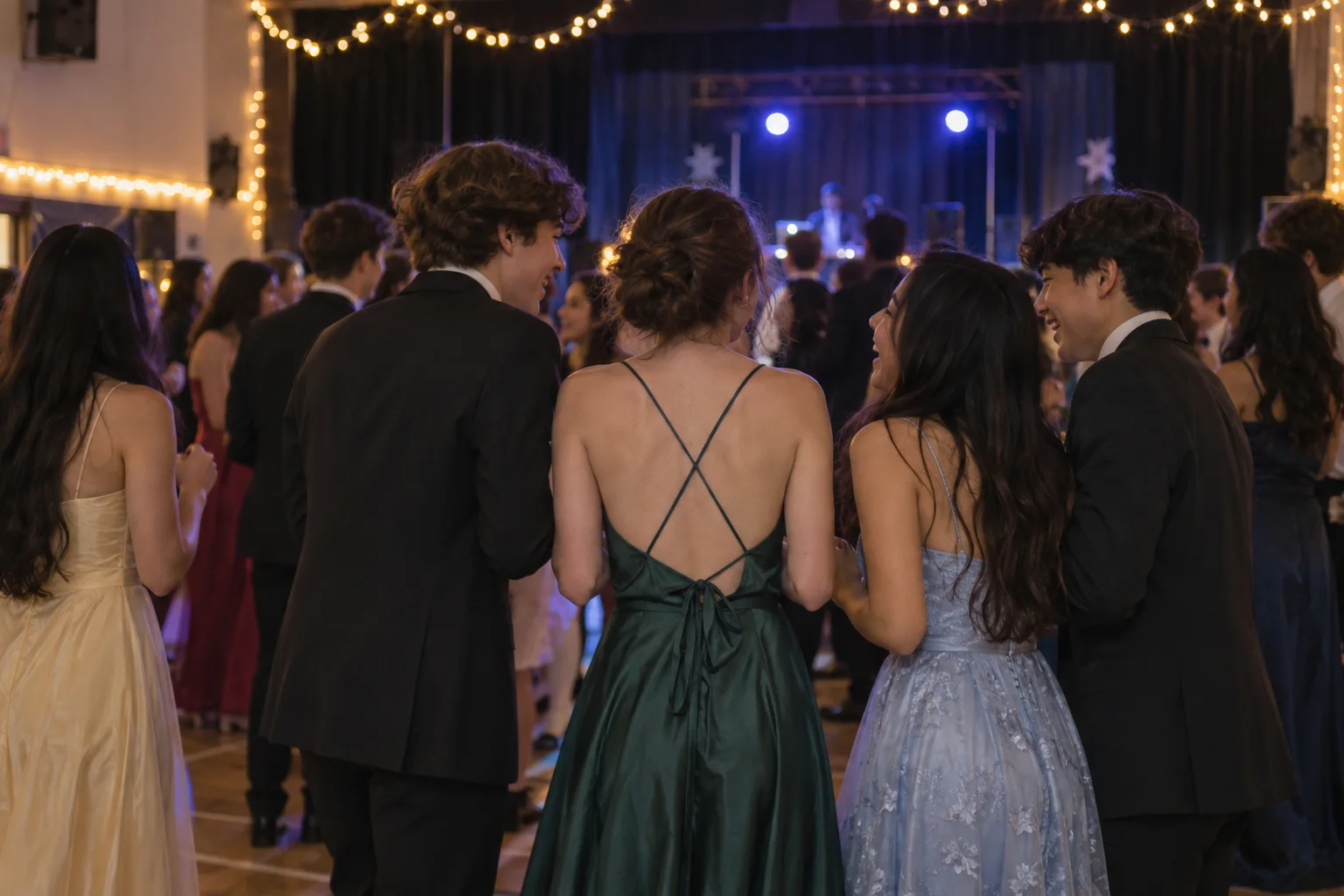 Teenage friends smiling together at a formal celebration