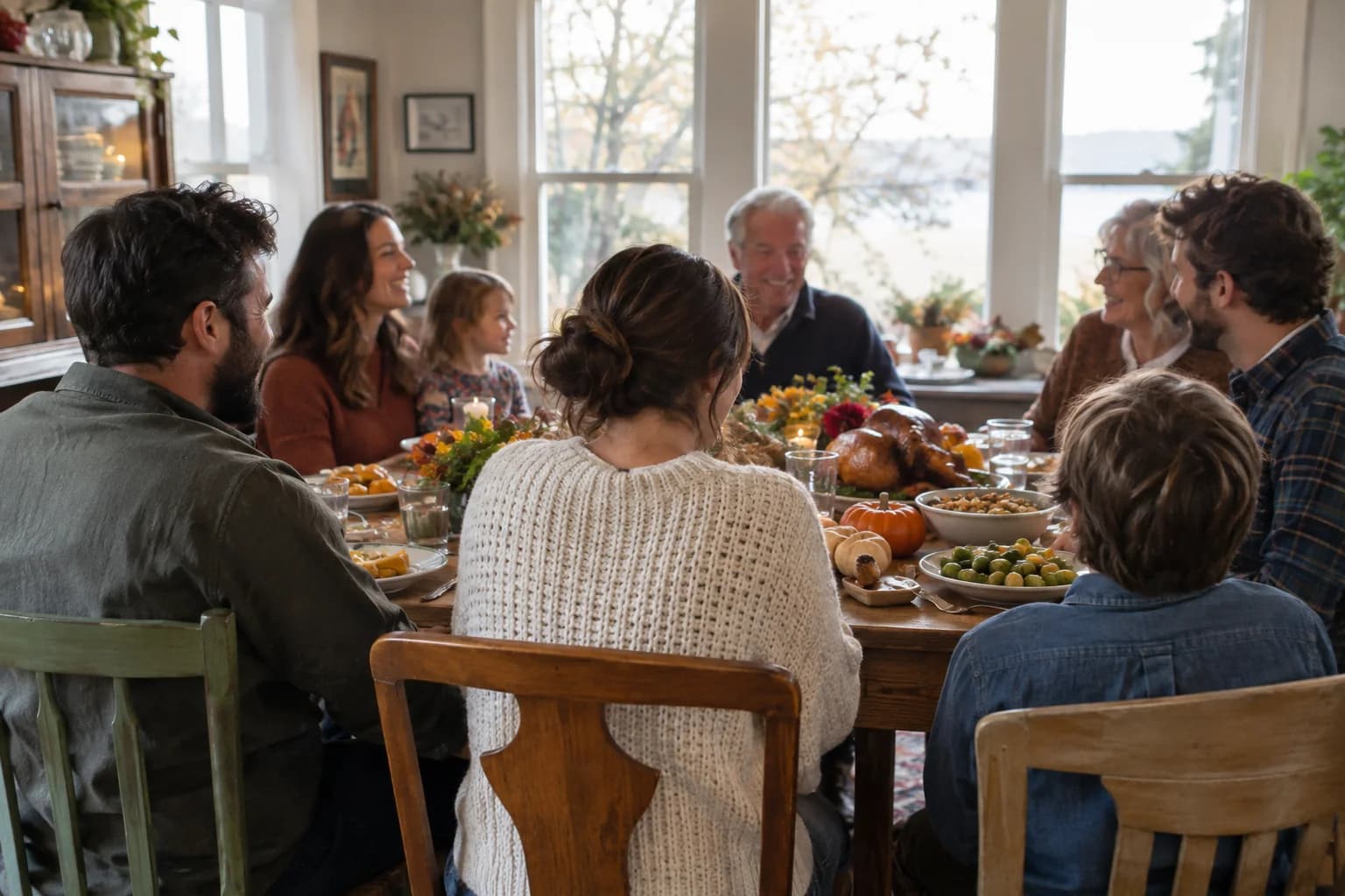 Family members gathered around a Thanksgiving table