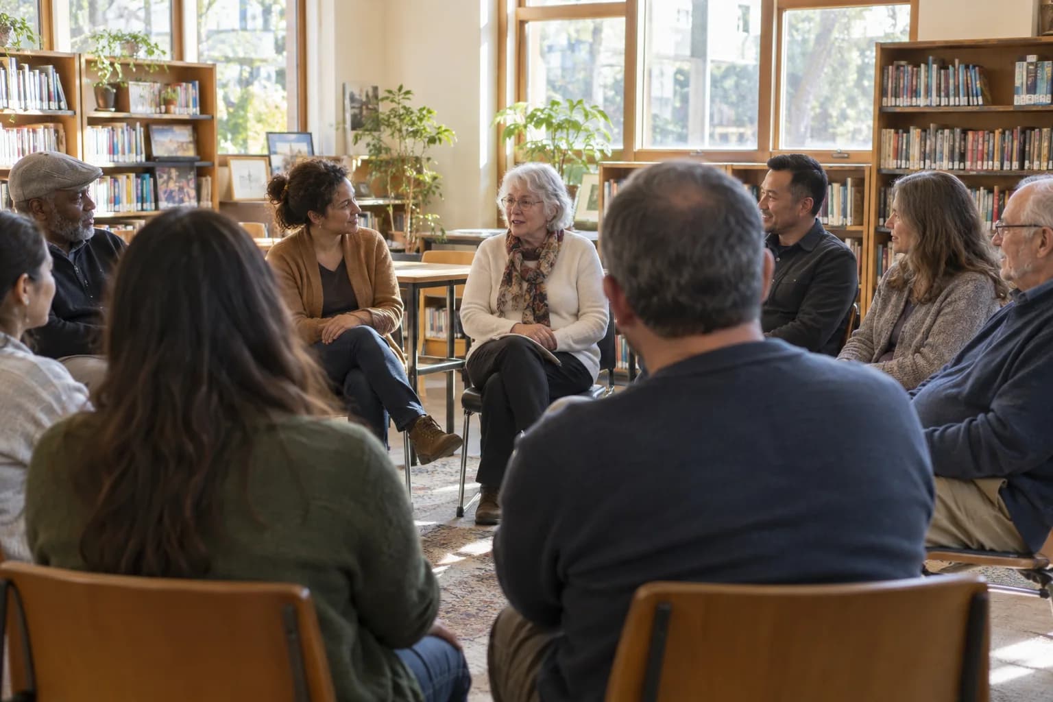 Neighbors taking part in a community meeting at a library