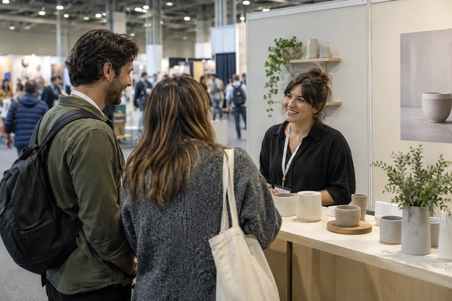 An exhibitor and visitors talking at a trade-show booth